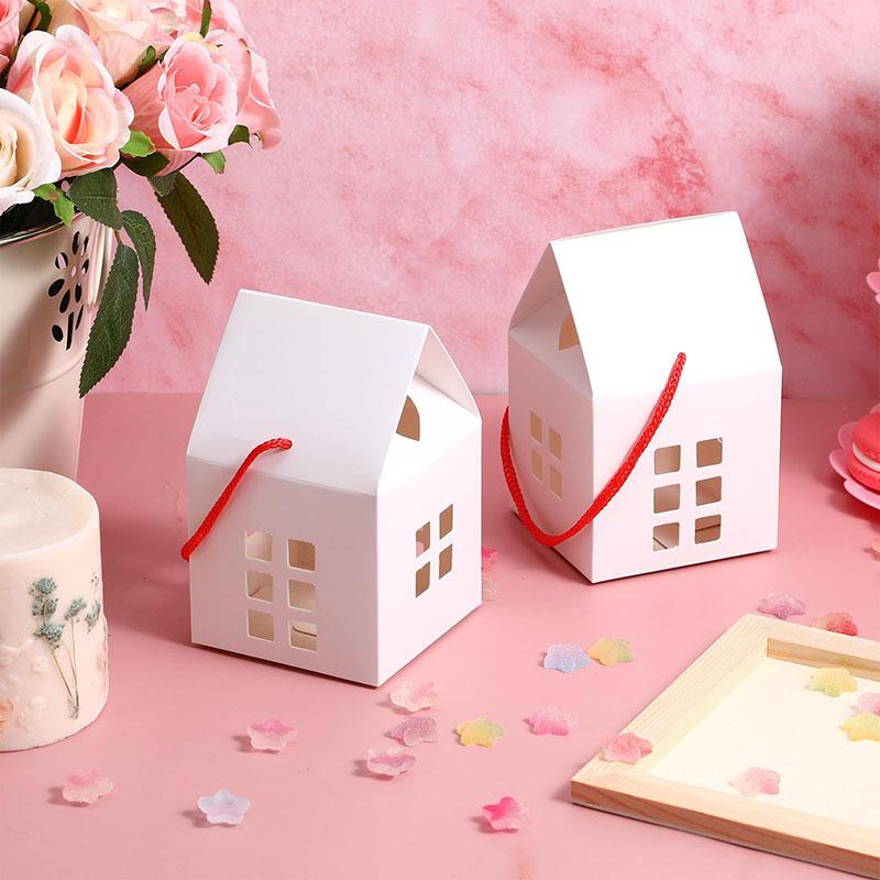 WTEMPO Small House Shaped Paper Gift Boxes with Ropes Foldable DIY Small Presents Packaging Boxes Ideal for Storing and Gifting Delicate Items