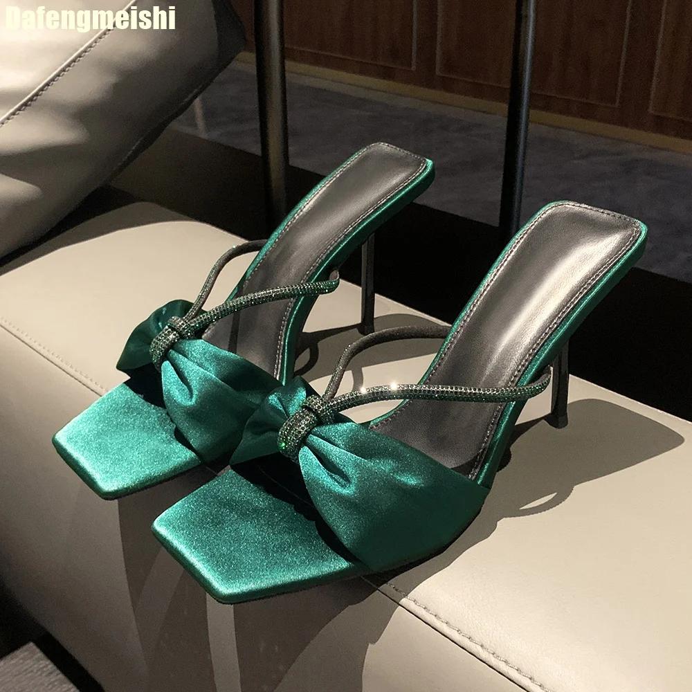 Fashion Purple Satin Rhinestone One-Strap Sandals for Women 2025 Summer New Bow Open-Toe Thin High-Heeled Slippers Casual Fashion Slides