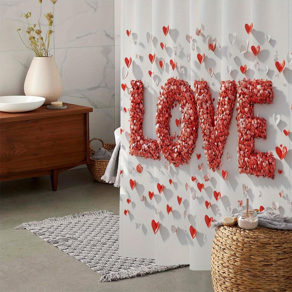 Valentine'S Love Shower Curtain - Red Heart Design, Waterproof Polyester, 12 Grommets, Machine Washable, Perfect Bath Decor