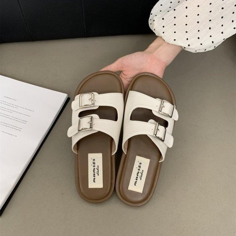 

Luxury Women s Flat Slippers Adjustable Buckle Simple Sandals Fashion Trendy Beach Slippers for Women Home Mute Non-slip Sandals 35 бежевый