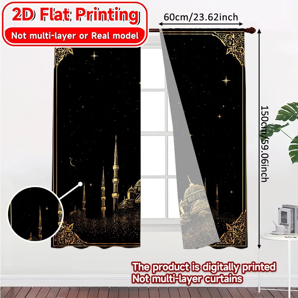 Flat Printing Golden Mosque Fashionable Curtains Fabric Art Deco Festive Living Room Bedroom Home Curtain Set Of 2 Modern Made Polyester Washable