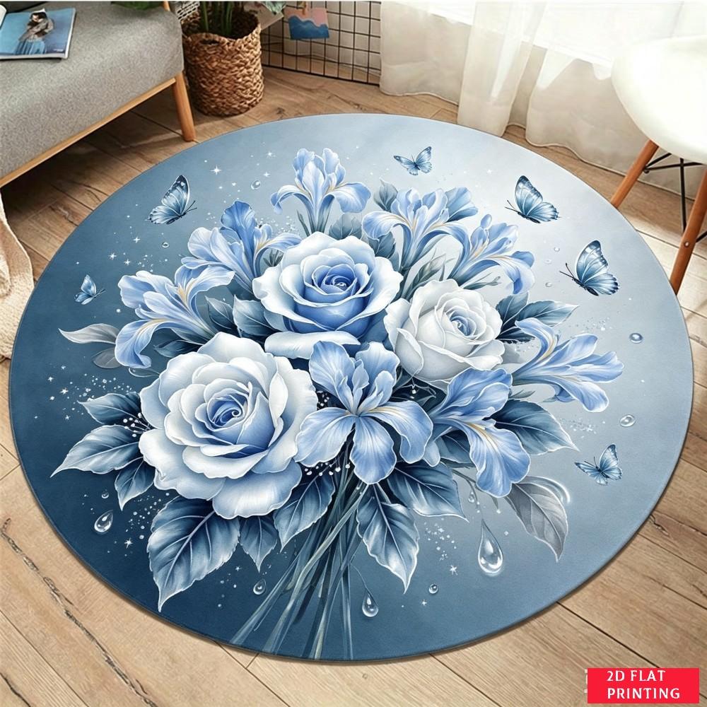 Blue Rose Butterfly Round Printed Carpet Living Room Bedroom Home Decor Non Slip Floor Mat Floral Elegance