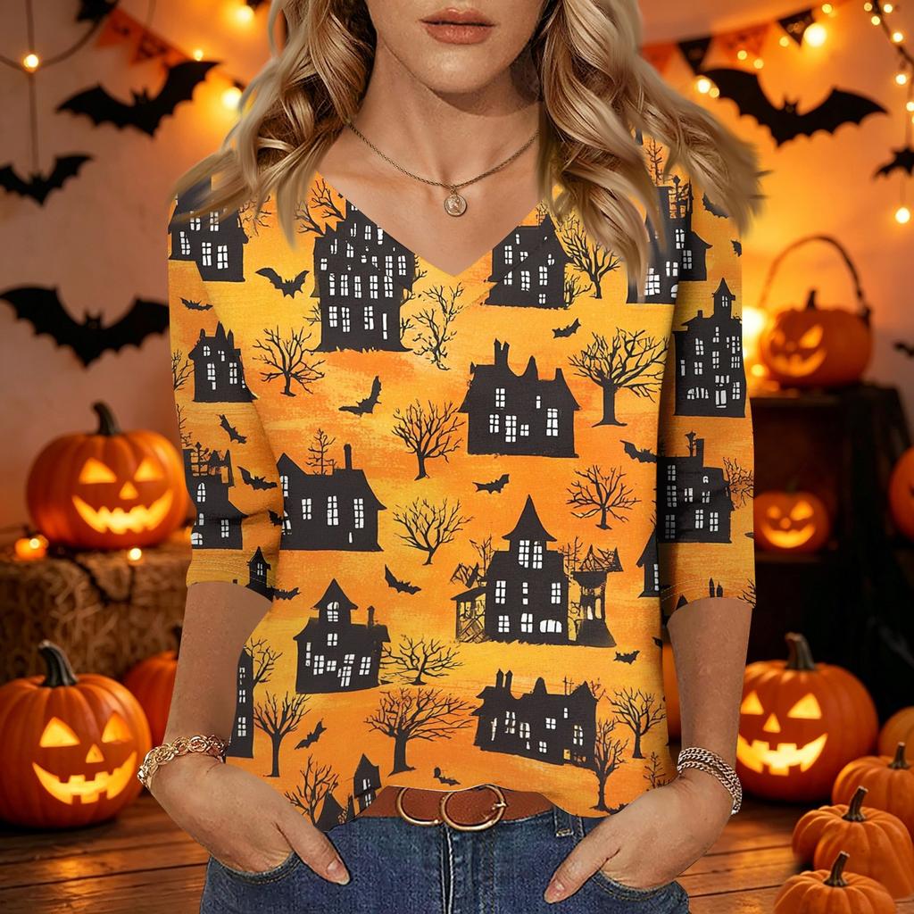 Damen Freizeit Halloween Aufdruck V-Ausschnitt Dreiviertelarm Oberteil Leicht Bequeme Passform Stilvolles Design für den Alltag