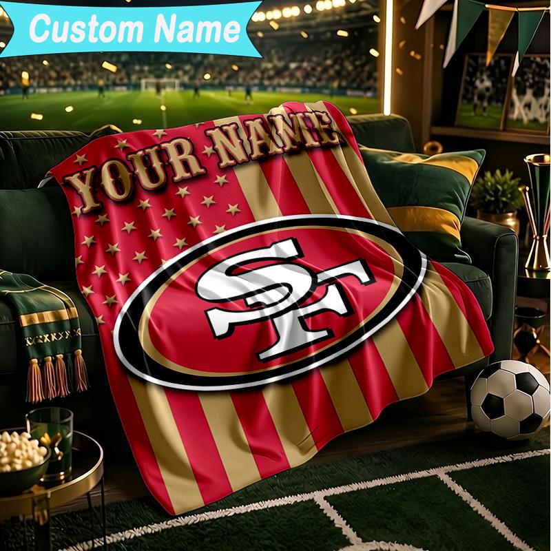 1PC Custom Name Blanket San Francisco Football Flannel Blankets Patterns Throw Blanket All-Season Soft Gift for Couch, Bed, Camping, Birthday Gifts