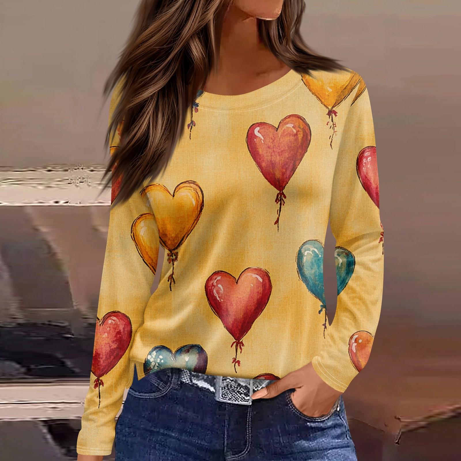 

Женская мода День святого Валентина принтованный круглый вырез повседневный длинный рукав топ XL