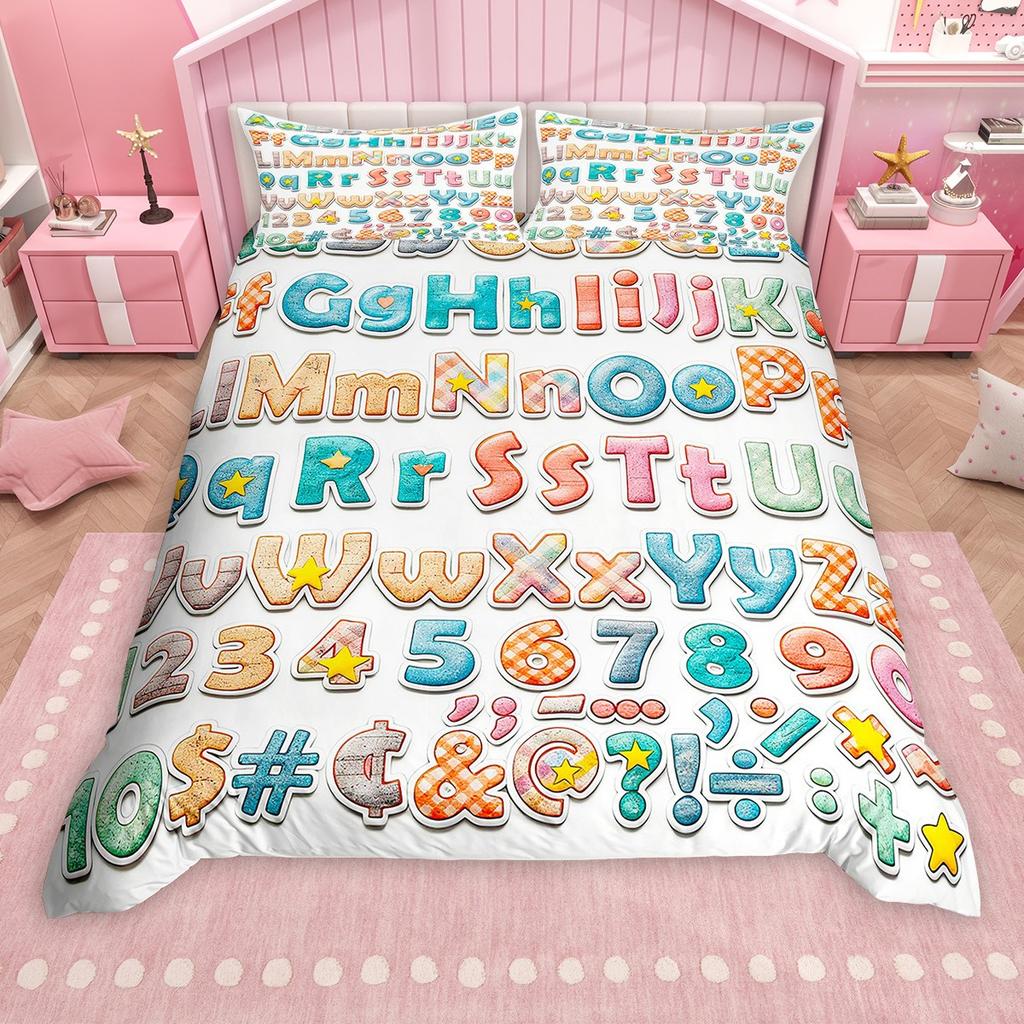 Homewish Cartoon Alphabet Duvet Cover Set For Kids Children Colorful Digital Table Comforter Cover Set School Theme Bed Set