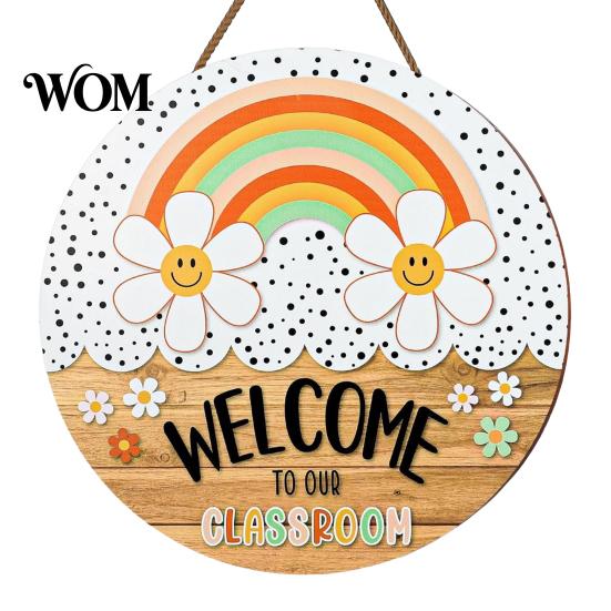 Farmhouse Classroom Sign Wooden Welcome for Door, to Our Round Smooth Surface Door Plaque Hanger, Front Hanging Sign, Back School Preschool Decoration