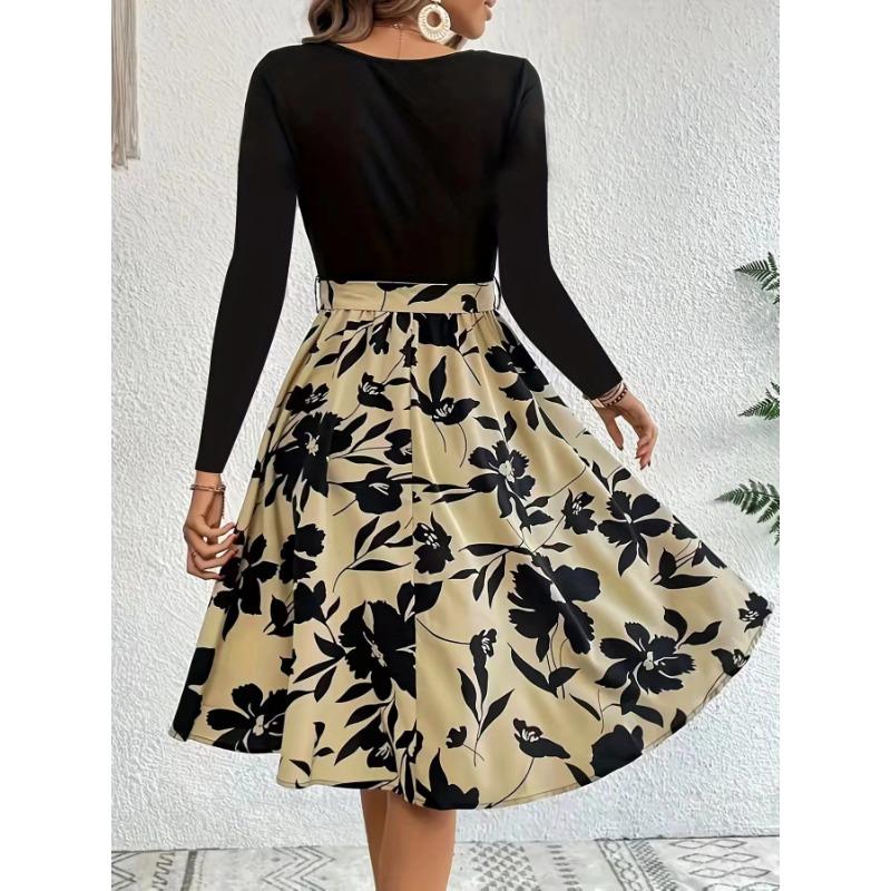 Spring and Autumn Women's Dress Printed Dresses Round Neck Tie Dresses