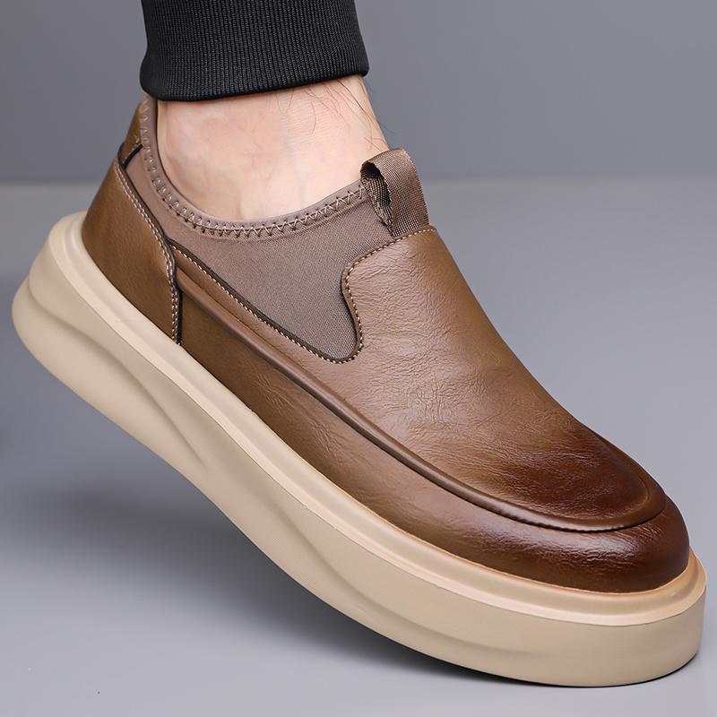 Fashion Quality Men Simple Fashion Soft Soled Comfort Shoes Leather Thick Soled Business Casual Loafers Shoes Slip On Driving Male Shoes