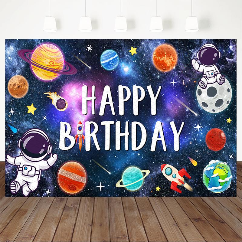 Mocsicka Outer Space Happy Birthday Backdrops Astronaut Planet Rocket Photography Backgrounds Boys Party Cake Table Photo Banner