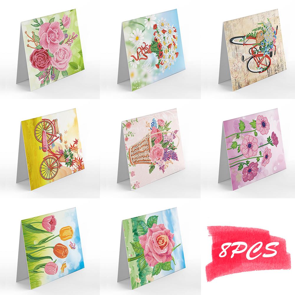 8pcs Diamond Embroidery Greeting Cards 5D DIY Festival Folding Greet Cards Gifts Festive Holiday Party Supplies