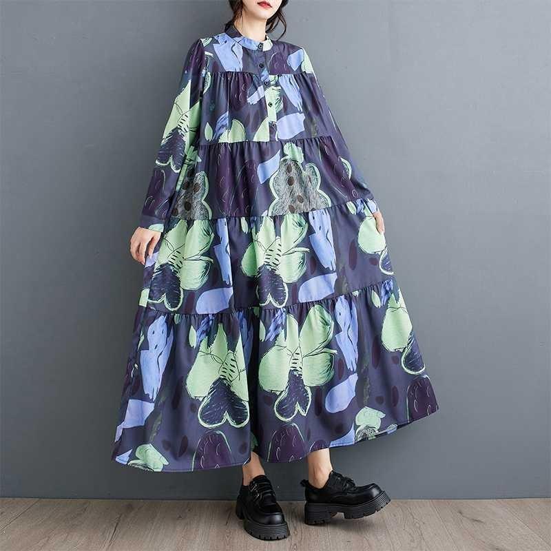 Loose and Thin Fashion Long-sleeved Printed Mid-length Dresses