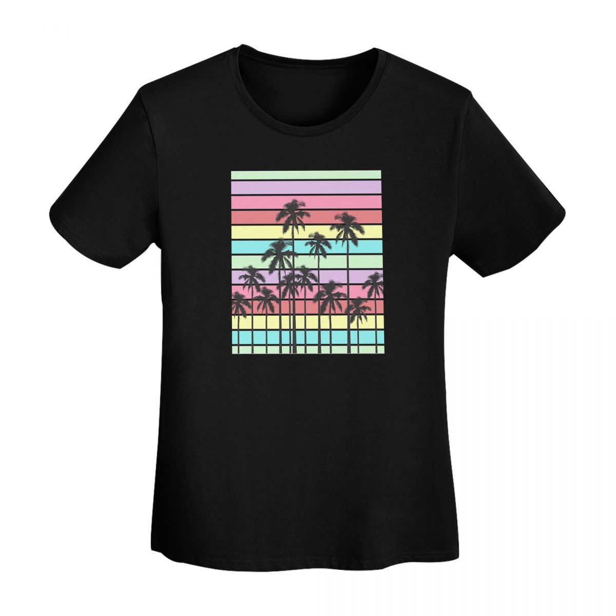 

Colorful Summer Stripes With Tropical Palm Trees TShirt Women Short Sleeve T Shirts Crew Neck Streetwear Tees Streetwear 4XL