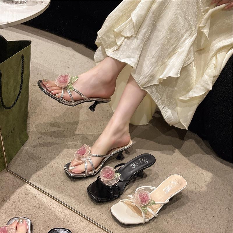 2025 Summer New Flower Stiletto Slippers Wear Open-toed One-word Slippers Silver High Heels Gentle Women's Shoes