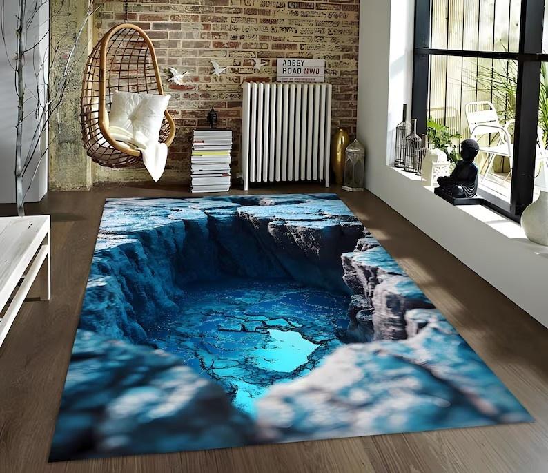 Visual 3D Carpet Blue Water Pit Hole Cliff Living Room Bedroom Full Carpet 3D Visual Illusion Foot Mat Home Decoration