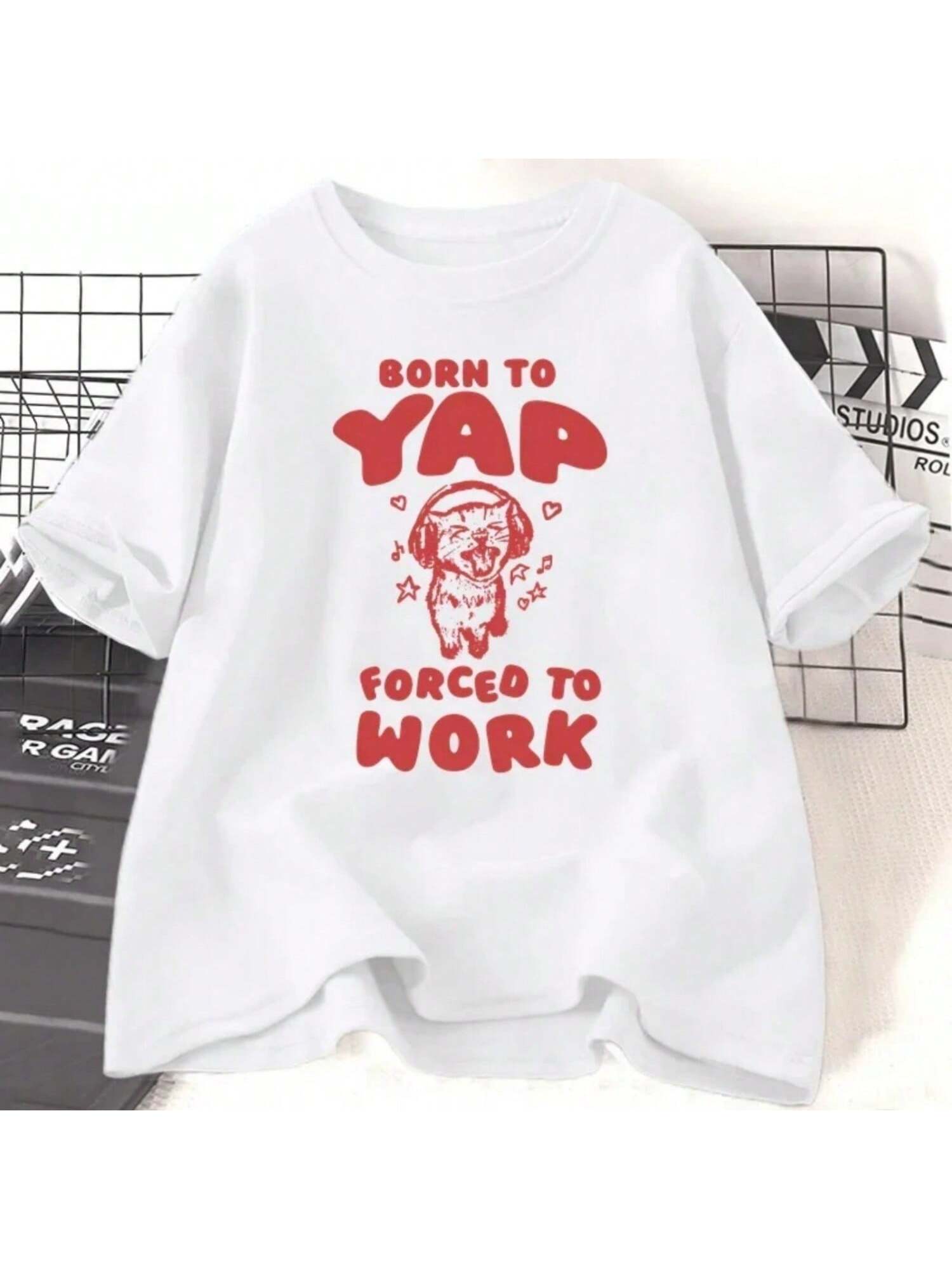 Born To Yap Forced To Work Cat With Headphones Meme Cotton T-Shirt Funny Pritned Kitten Meme Yapper Casual Short Sleeve Clothes S
