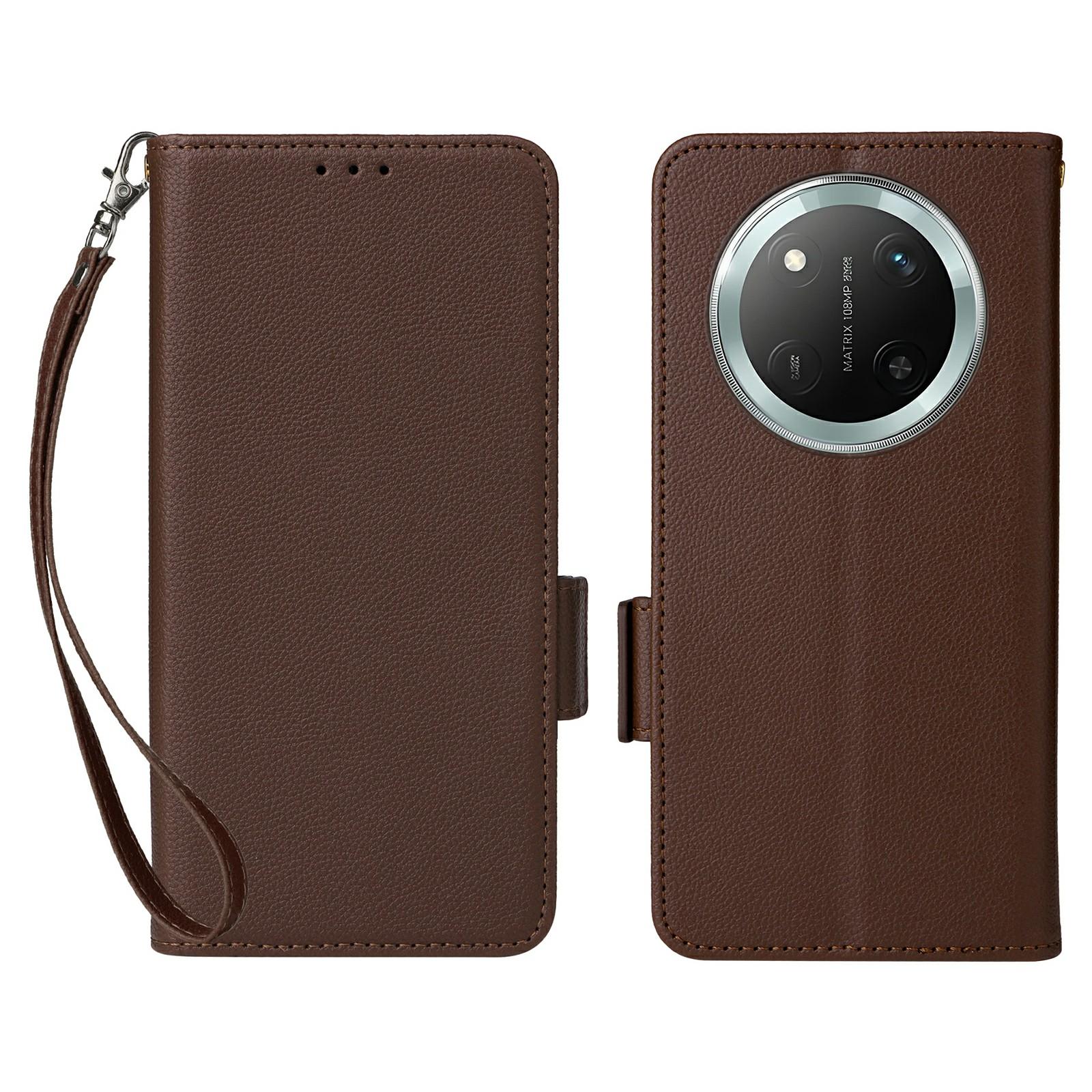 

Leather Case with Wrist Strap for Honor X9c 5G/Magic7 Lite 5G/X60 Pro 5G Litchi Texture Wallet Phone Cover Brown