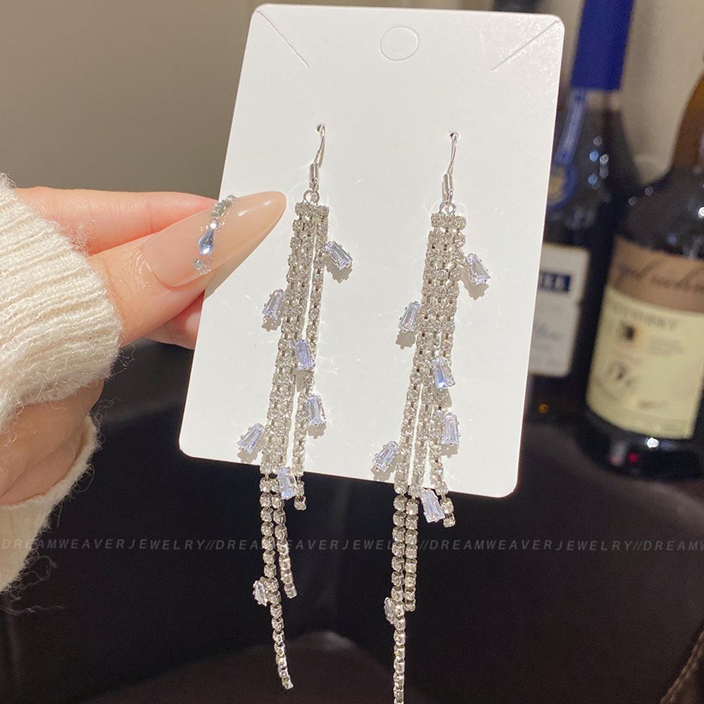 925 Sterling Silver Full Diamond Tassel Earrings – High-End European & American Style, Super Shiny, Luxurious Ear Jewelry for Women.