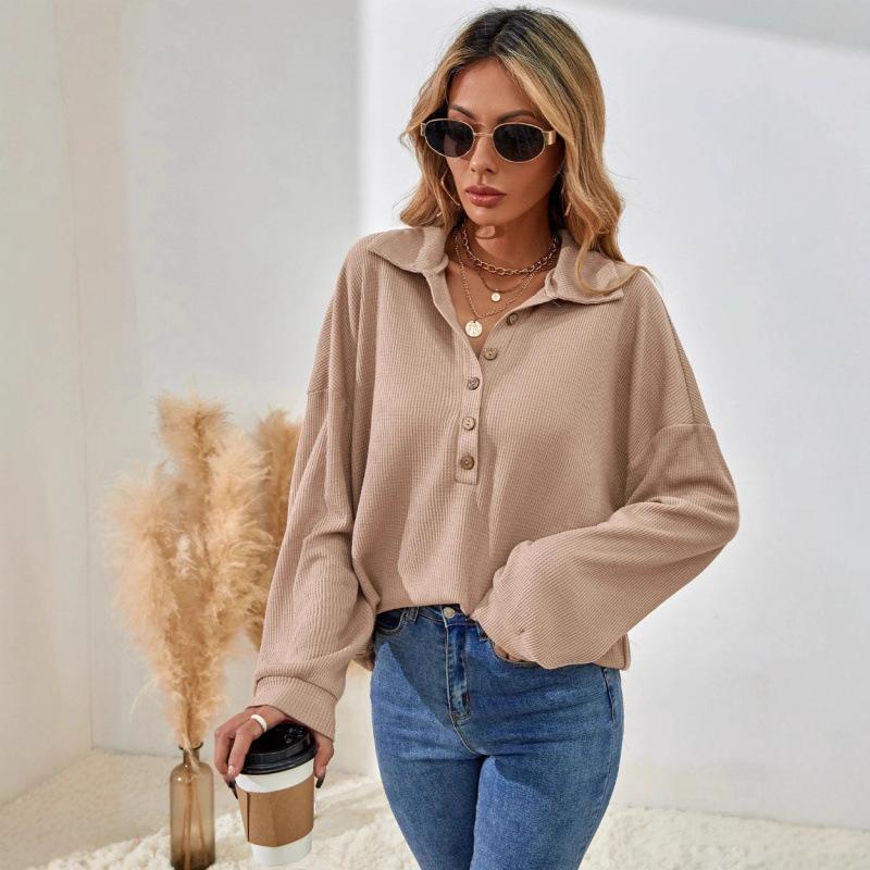 Autumn Winter Turn Down Collar Casual Fashion Sweatshirt Women Solid Color All-match Buttons Pullover Top