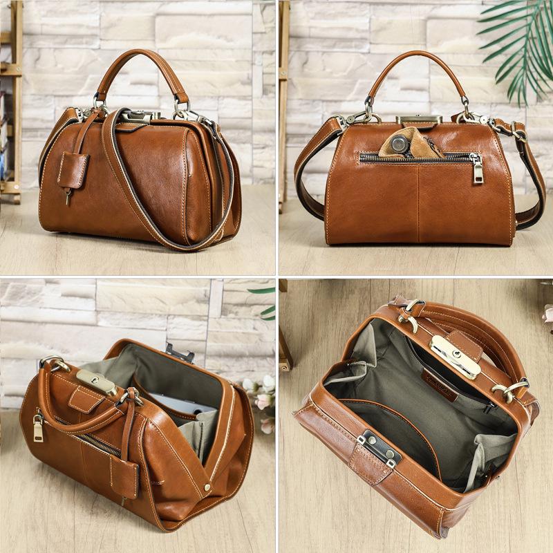Full-Grain Lambskin Leather Crossbody Handbag with High-End Metal Lock for Women
