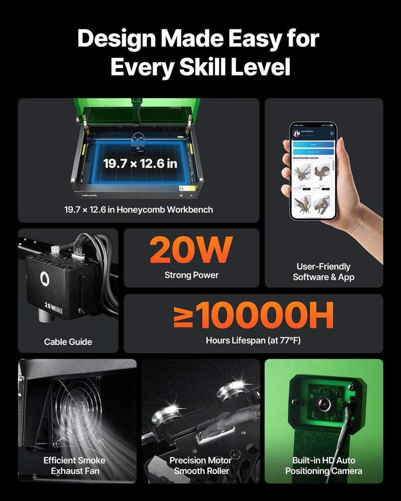 Laser Engraver, 20W, Laser Engraving and Cutting Machine with Enclosure Camera, Laser Cutter, 36000 mm/min, 500 x 320 mm Working Area, for Wood,