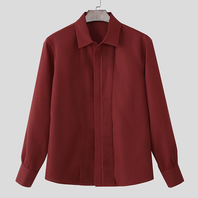 

INCERUN Men Lapel Neck Long Sleeve Button Up Ruffled Hem Casual Shirts Tops 5XL червоний