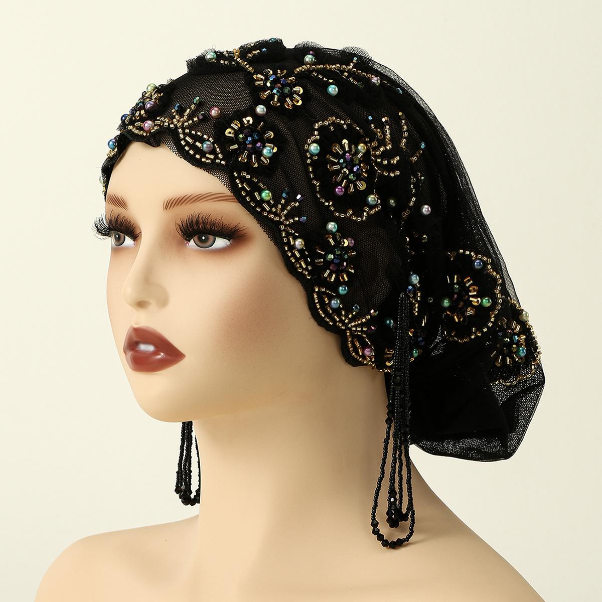 

Embellished Pearl Lace Cap With Embroidered Headscarf: Versatile Muslim Hat for Dubai Arabian Women