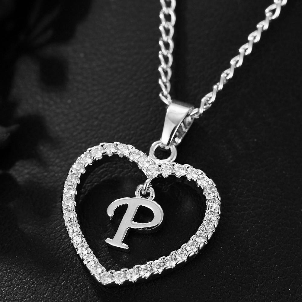Heart Pendant Zircon Letter Necklace - 26 Letters Available