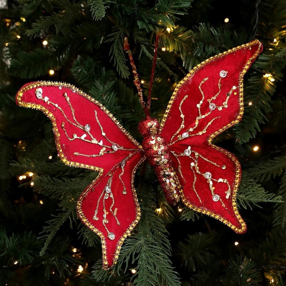 Glitter Butterfly Christmas Flower Sequins Simulated Artificial Butterfly Clip Flocking Exquisite Butterfly Pendants Home Party
