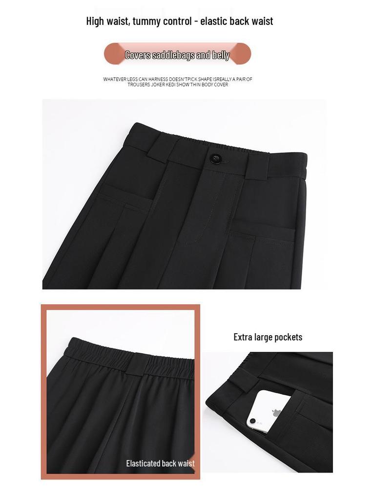 Women's High-Waist Black Pear-Shaped Pants - Plus Size, Slim, Straight, Wide-Leg, Spring/Summer Casual Wear