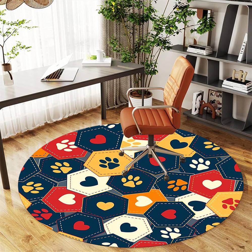1pc Paw Print Heart Round Chair Mat Area Rug - Non-Slip, Floor Mat for Office, Bedroom, and Indoor Decor -1002217