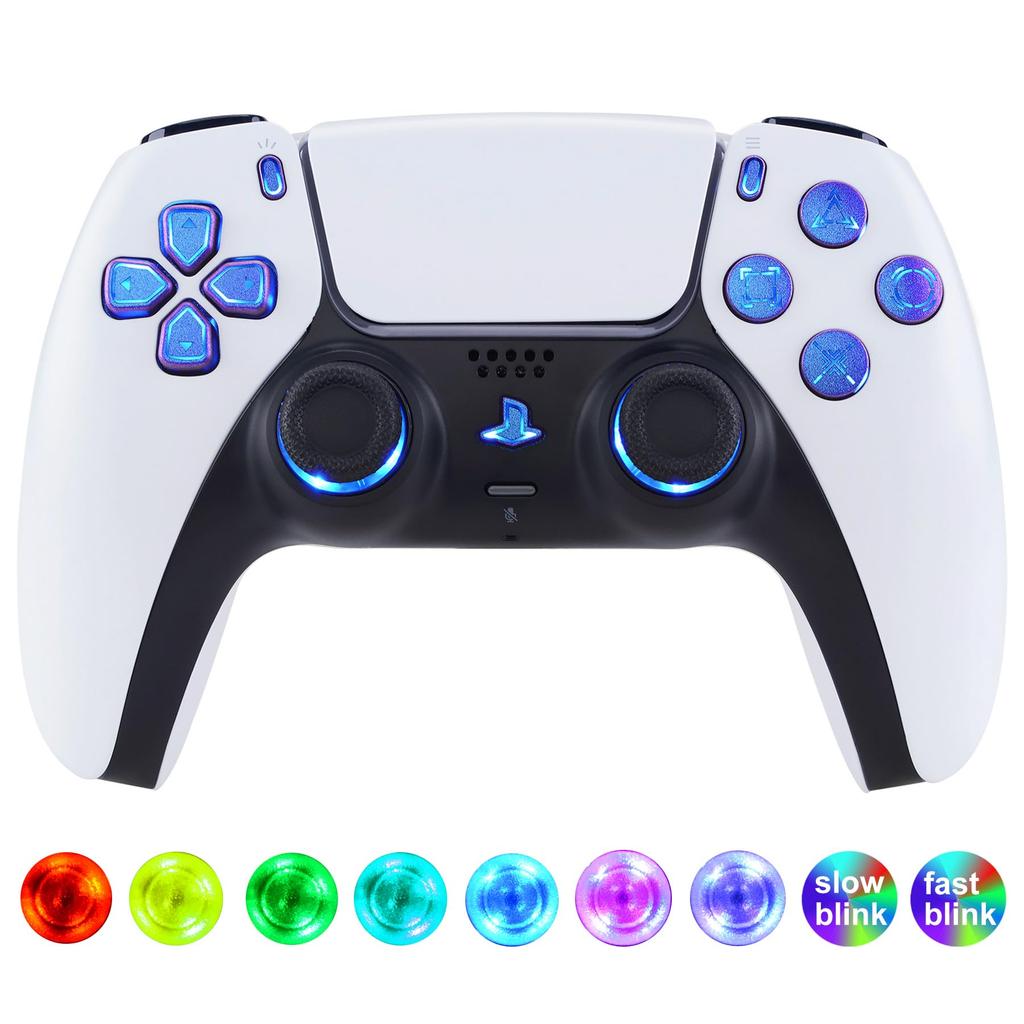 This is not a but an eXtremeRate PS5 controller compatible Chameleon Gloss multicolor illuminated Share and home face DTF V3 LED kit in Chameleon