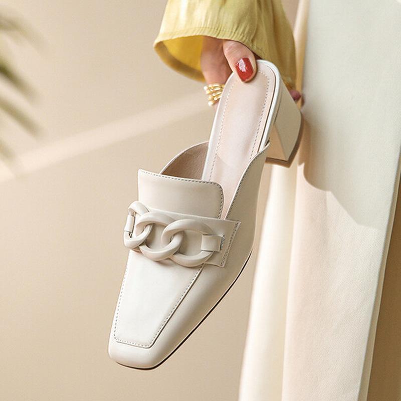 Summer New Temperament Bag Head Half Slippers Fashion Casual Medium Heel Thick Heel Square Head White Muller Cool Slippers