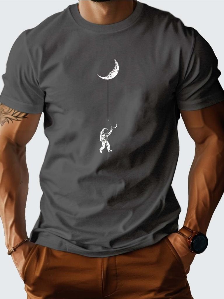 Men's Summer Astronaut Kite Moon Pattern Printed Fashion Casual Loose Round Neck Short Sleeve T-Shirt