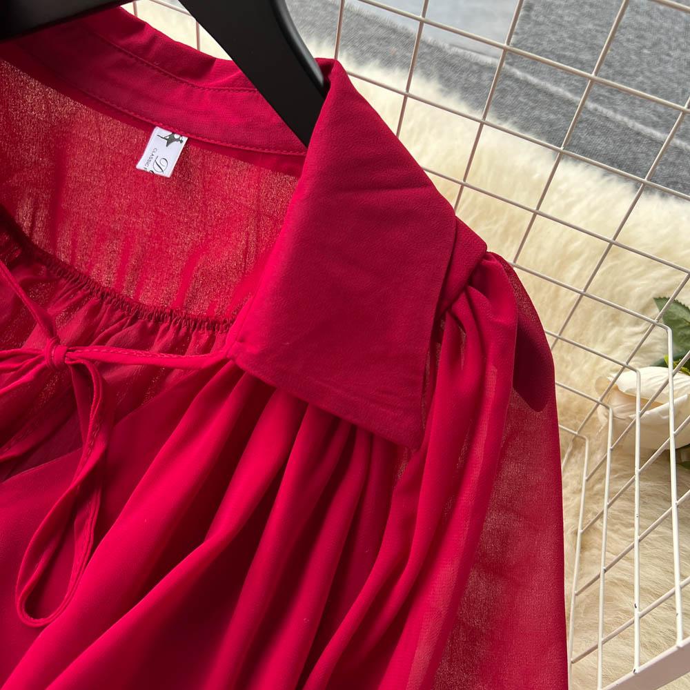 Francouzské šik Maxi šaty pro ženy Sklopný límec Lucerna Rukáv Šněrovací Dámské letní šaty Dámské Vestidos Dropship