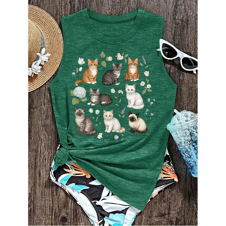 Elegant Vest for Women Multi-pattern cat and floral print casual loose summer tank top Fashionable and soothing cute pet-themed tops for commuting,