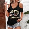 Women's Casual Cold Shoulder Short Sleeve T Shirt with 250th Celebration Print and Trumpet Graphic Loose Fit Round Neck Design