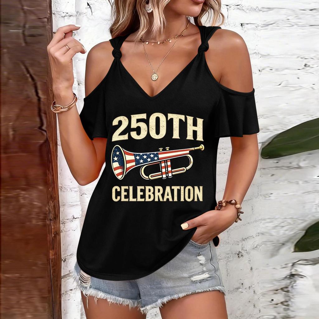 Women's Casual Cold Shoulder Short Sleeve T Shirt with 250th Celebration Print and Trumpet Graphic Loose Fit Round Neck Design