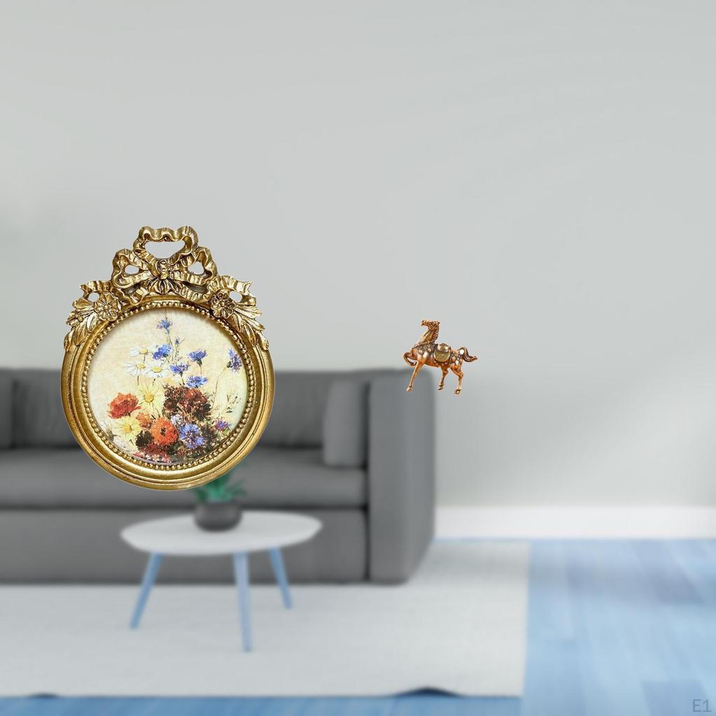 Antique Vintage Photo Frame And Horse Statue Figurines Ornate European Round Picture Display