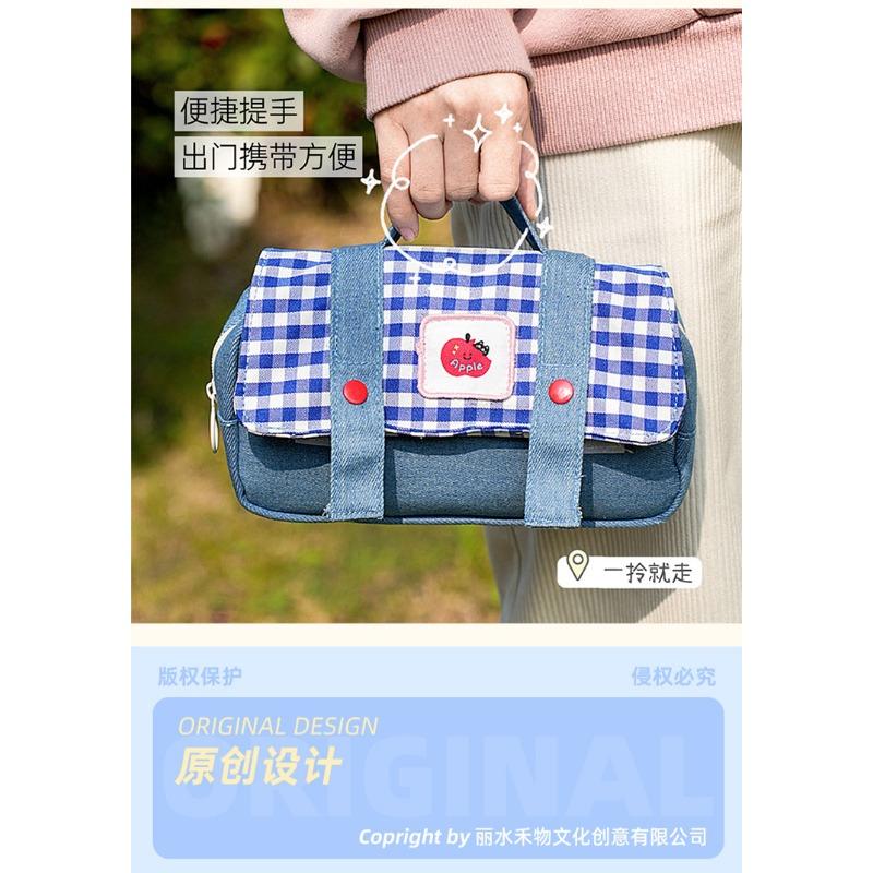 Cute Apple Design Denim Canvas Large Capacity Pencil Case For Student Stationery