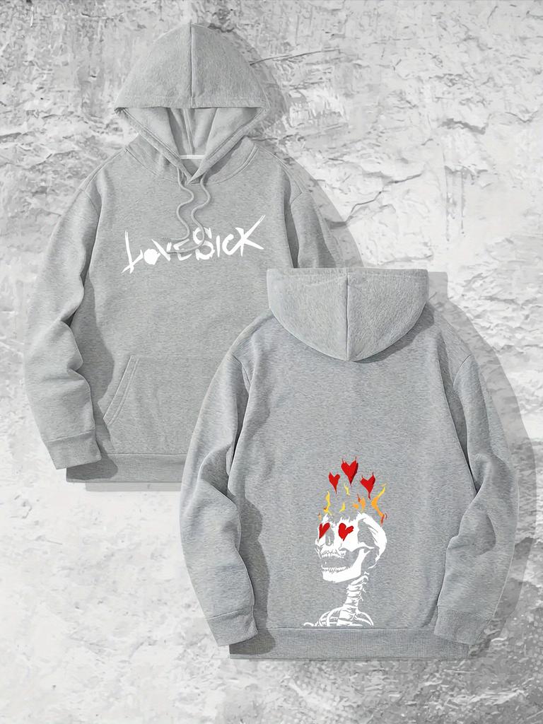 Lovesick Skull Flame Heart Hoodie Unisex Gothic Streetwear Sweatshirt Front Back Graphic Pullover