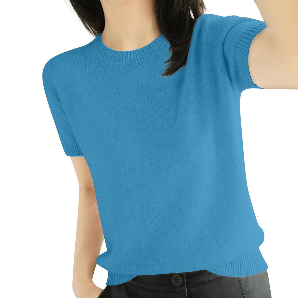 Women's Short Sleeved Knitted Sweater Round Neck Loose Thin Top