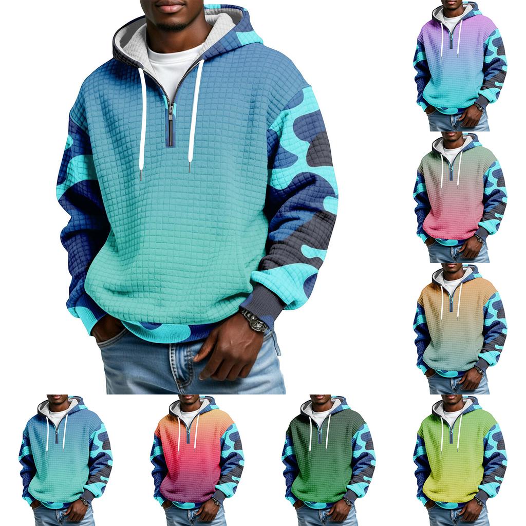 Herren Half-Zip Kapuzen-Plaid-Pullover Kordelzug Print Lässiges Sport-Sweatshirt