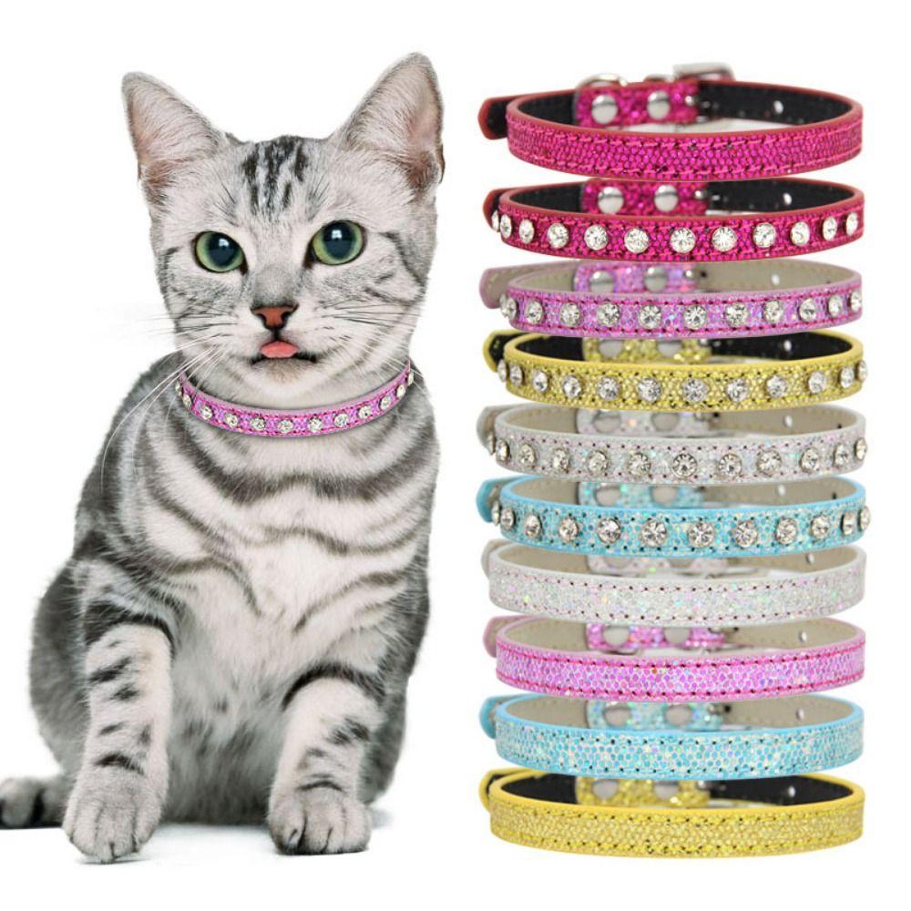 Leather  Rhinestone Cat Collar Adjustable Cat  Necklace  Photograph