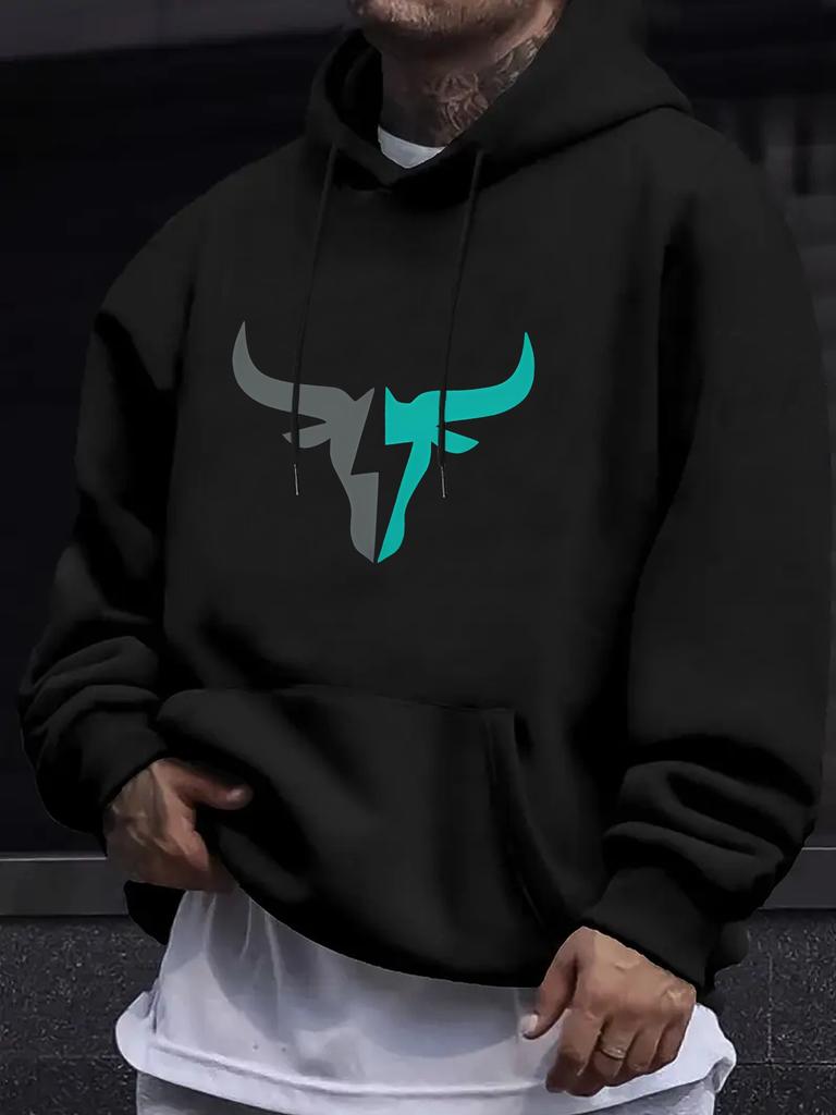 Casual Graphic Hoodie - Beige with Teal Bull Head Print