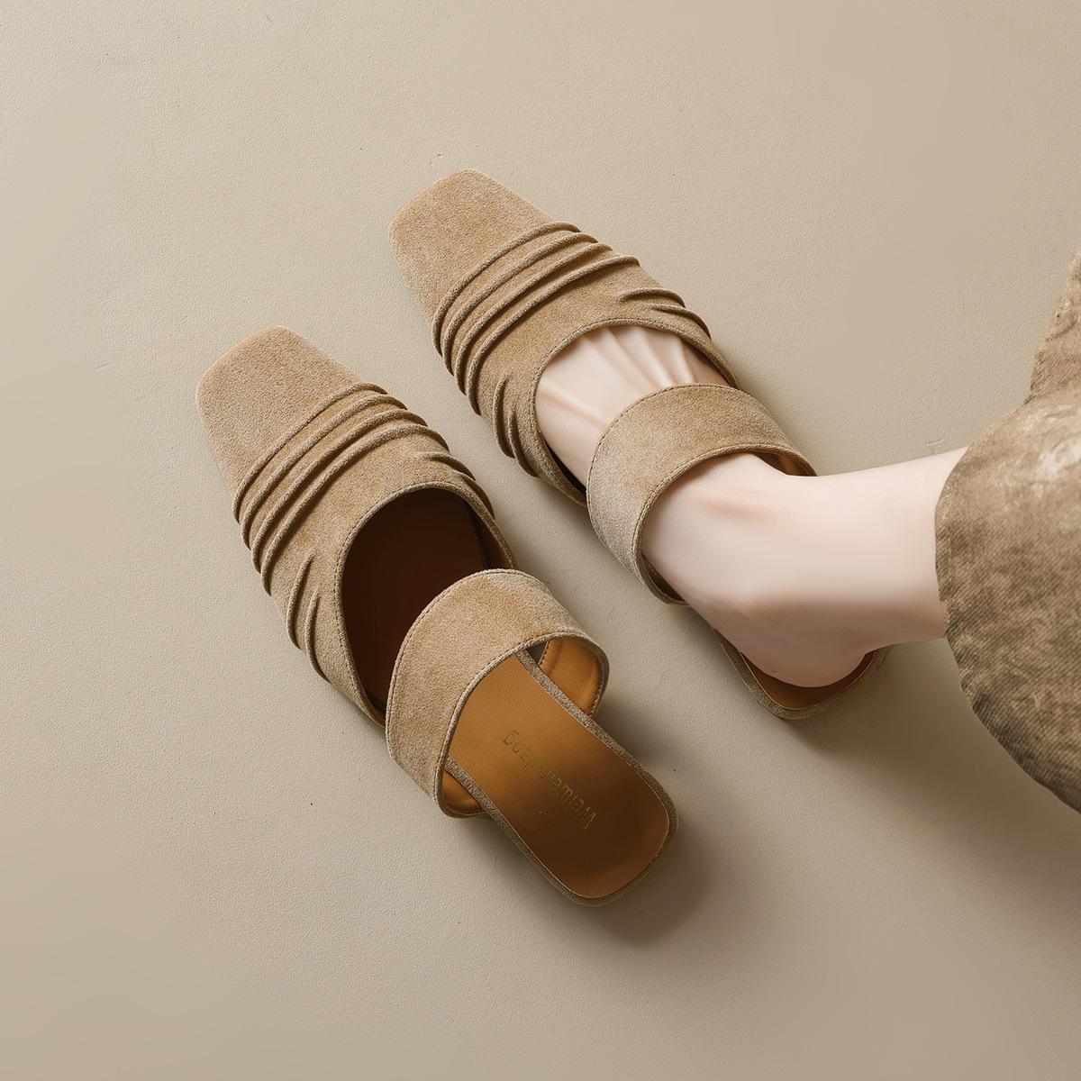 

BULAGE замшевые плиссированные баотоу полушлепанцы женская уличная обувь 2025 лето новая однопедальная низкокаблучная ленивая обувь мюли 43 жёлтый