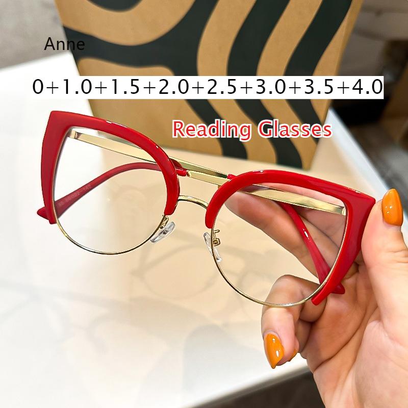 Men Anti Blue Light Presbyopia Eyeglasses Women Oversized Cat Eye Reading Glasses Fashion Metal Half Frame Hyperopia Eyewear