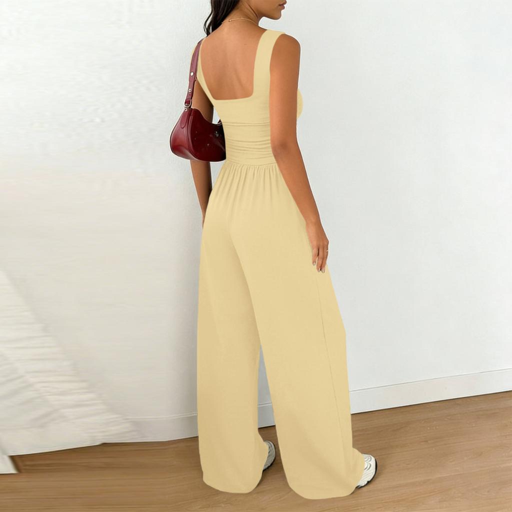 Women Sleeveless Wide Leg Jumpsuit Square Neck Ruched Bodice Casual Loose Fit Long Pants Outfit