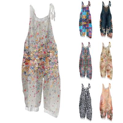 Women's Retro Printed Casual Loose, Retro Overalls Cotton And Linen One,piece Pants