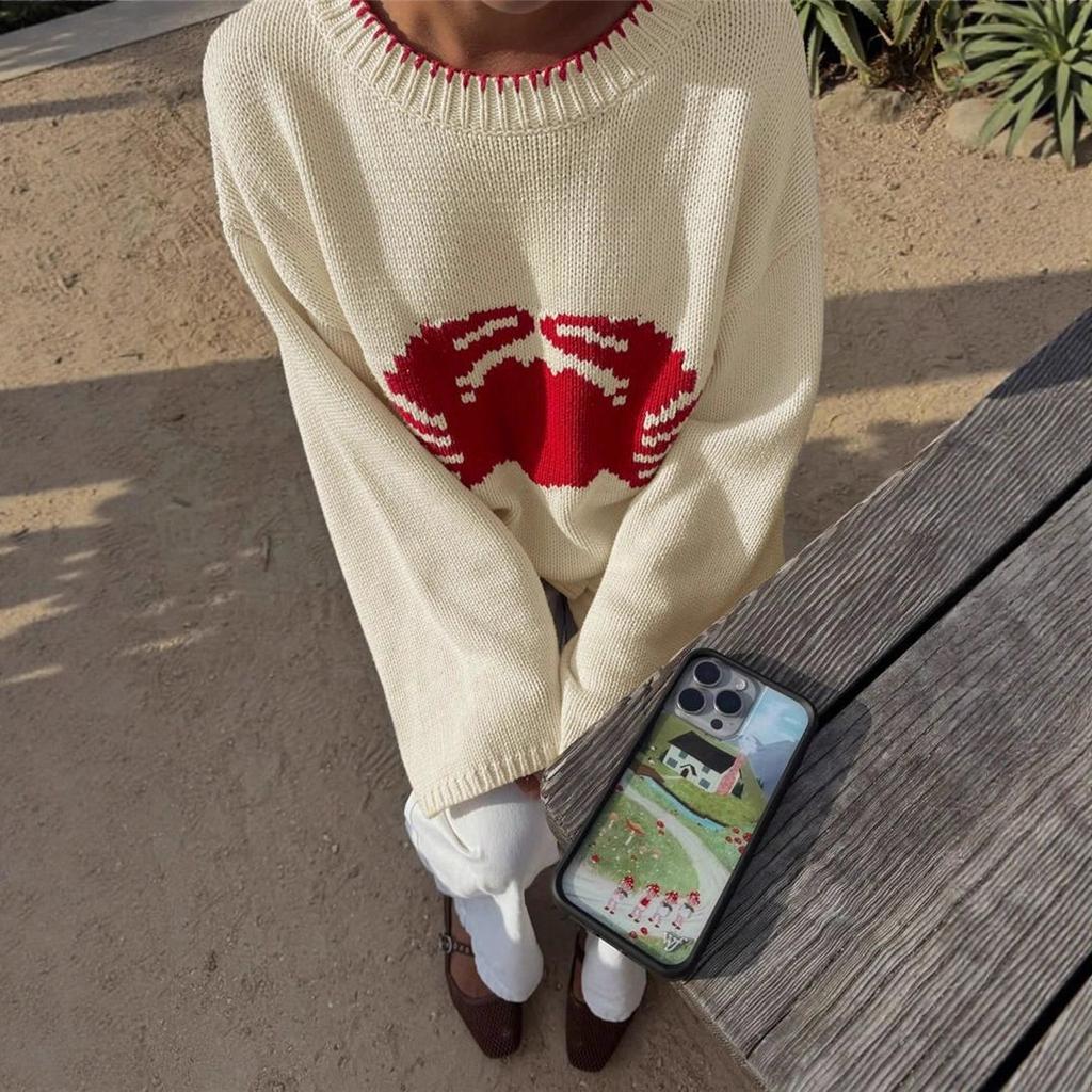 2025 Fashion New Crab Print Pattern Round Neck Shoulder Long Sleeve Plus Size Loose Sweater